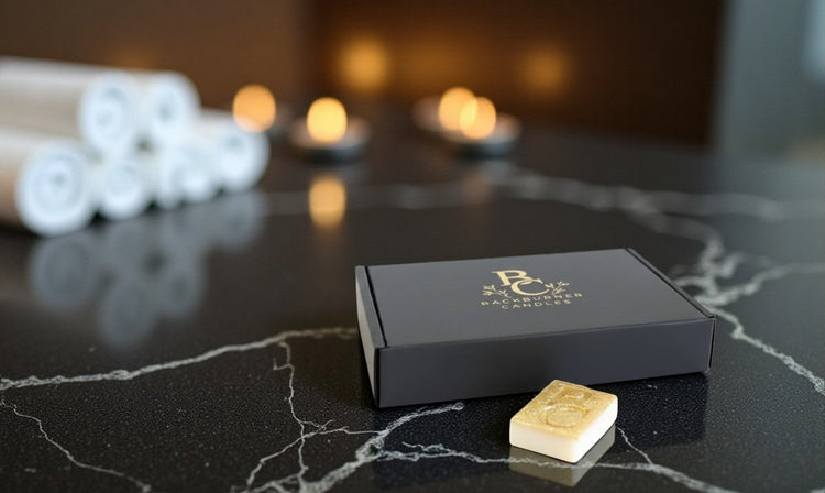 Backburner Candles luxury wax melt box with single wax melt on black marble
