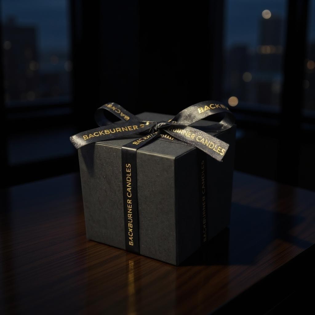 Black gift box with a ribbon on a reflective surface with a blurred cityscape background