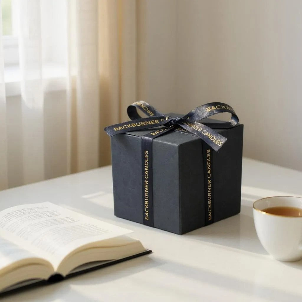 Backburner Candles gift box with coffee and book on cosy table near sunlit window – self-care lifestyle