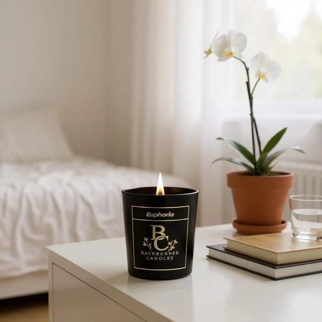 Euphoria candle in black glass jar by Backburner Candles on a table next to a potted plant and books.