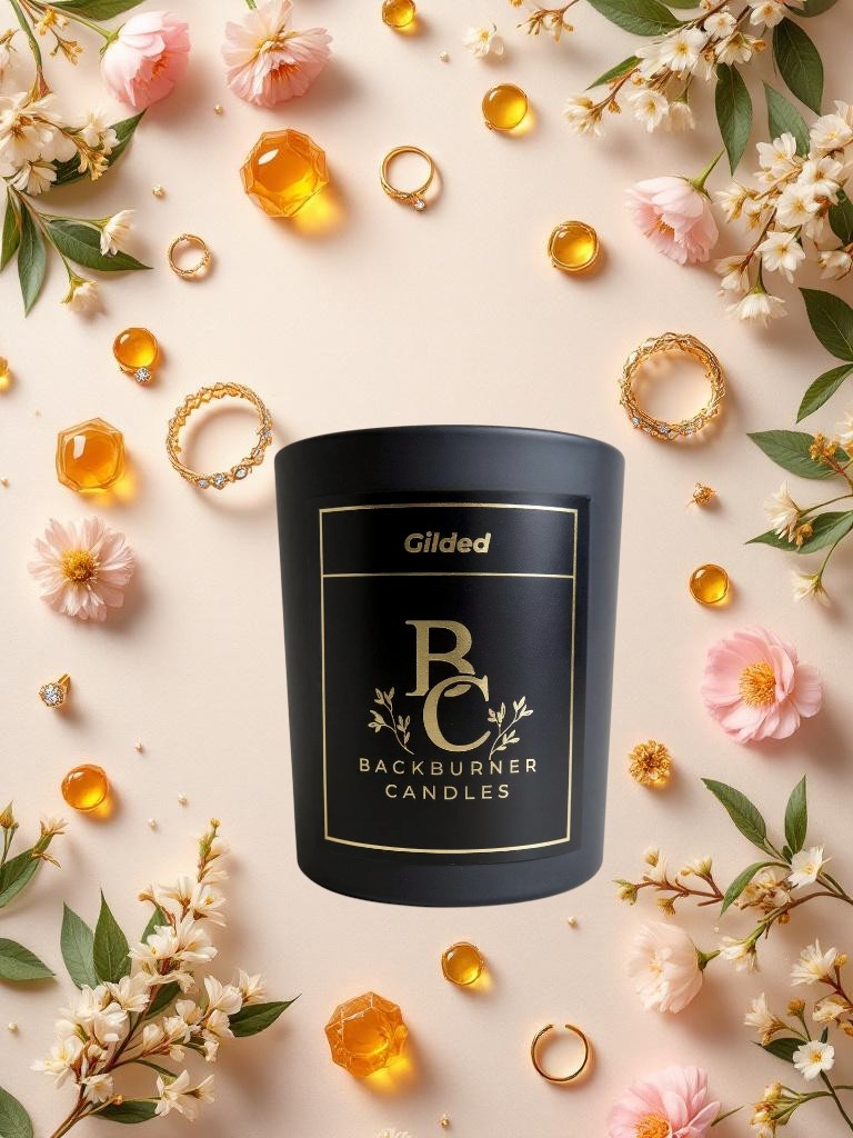 Gilded candle in black glass jar by Backburner Candles surrounded by flowers and jewelry on a light pink background