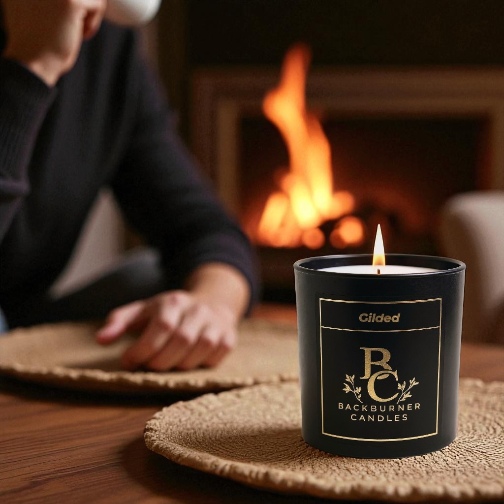 Gilded candle in black glass jar by Backburner Candles in front of a fireplace