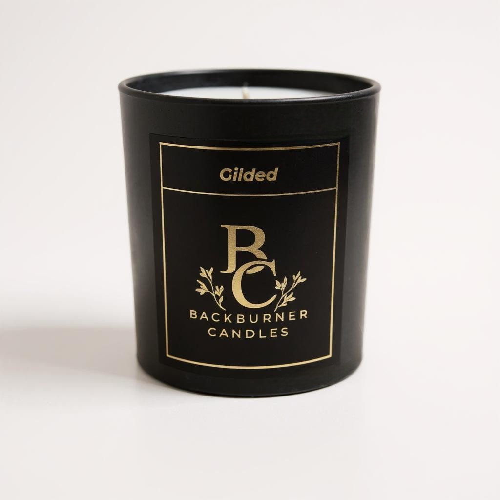 Unlit Gilded vegan candle by Backburner Candles in black jar with gold logo and floral design, styled for a premium, elegant look.