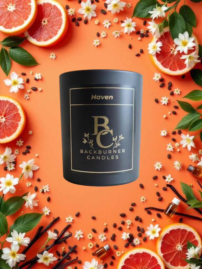 Haven candle by 'Backburner Candles' surrounded by sliced oranges, flowers, and leaves on an orange background.