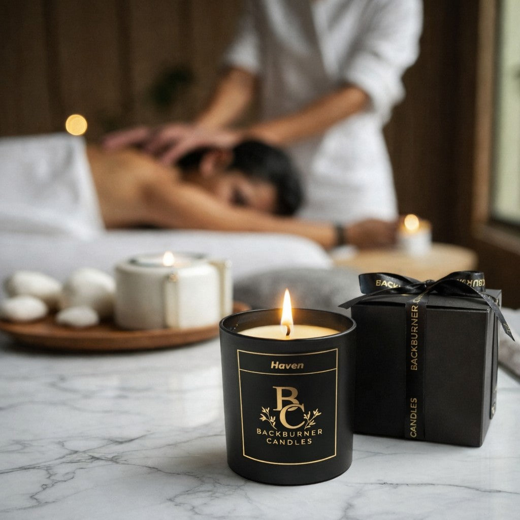 Candle with 'Backburner Candles' branding on a marble surface with a blurred massage scene in the background.