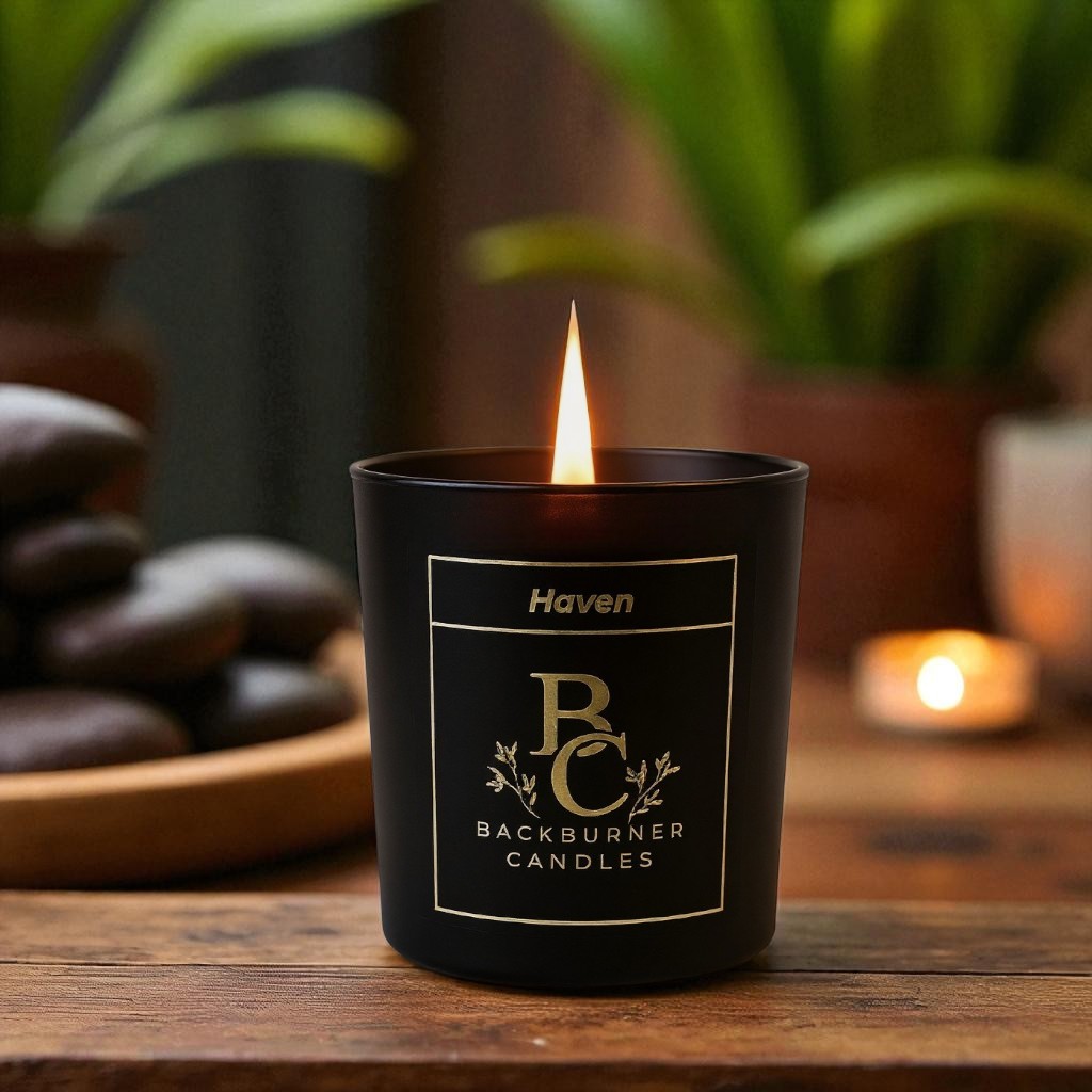 Haven candle  candle in black glass jar by Backburner Candles with a flame on a wooden surface.