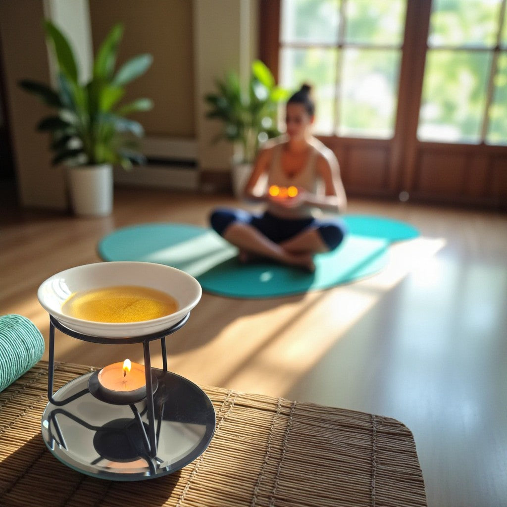 Backburner Candles wax melt in yoga space with tealight and plants, styled for mindful winter calm