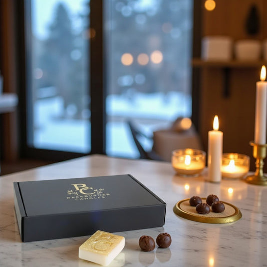 Backburner Candles wax melt gift box on marble table with single vegan melt in cosy winter setting