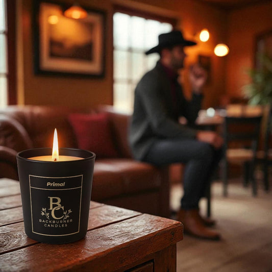 Primal candle by Backburner Candles on a wooden table in a cosy room with cowboy in background.