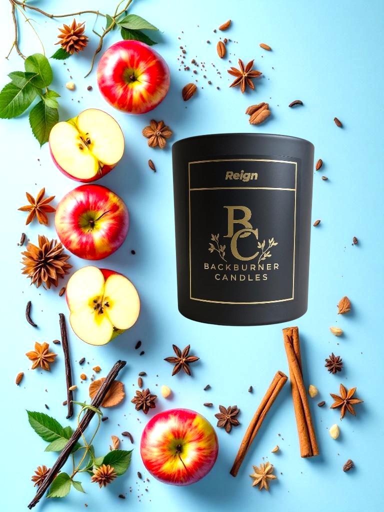 Reign candle labelled 'Backburner Candles' surrounded by apples, cinnamon sticks, and star anise on a blue background.