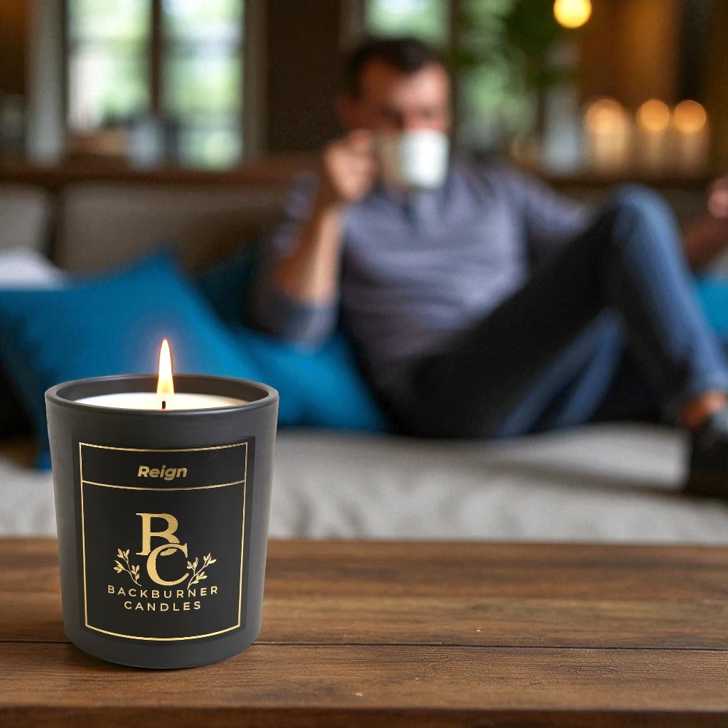 Reign candle in a black container with 'Backburner Candles' branding on a wooden surface, with a blurred person sitting on a couch in the background.