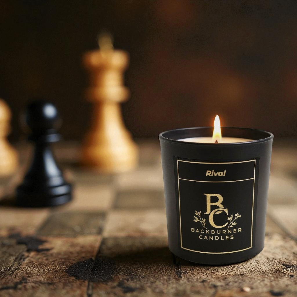 Backburner Candles Rival candle in a black container on a checkered surface with chess pieces.