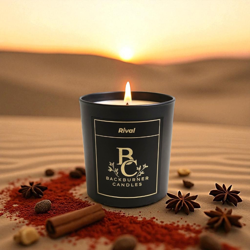 Backburner Candles Rival lit on sand with spices at sunset – warm, earthy scent in serene desert setting