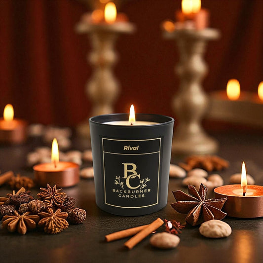 Backburner Candles Rival lit with spices, tealights, and festive glow – cosy autumn ambiance