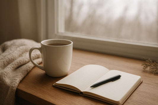 Calming morning scene with coffee, journal and blanket