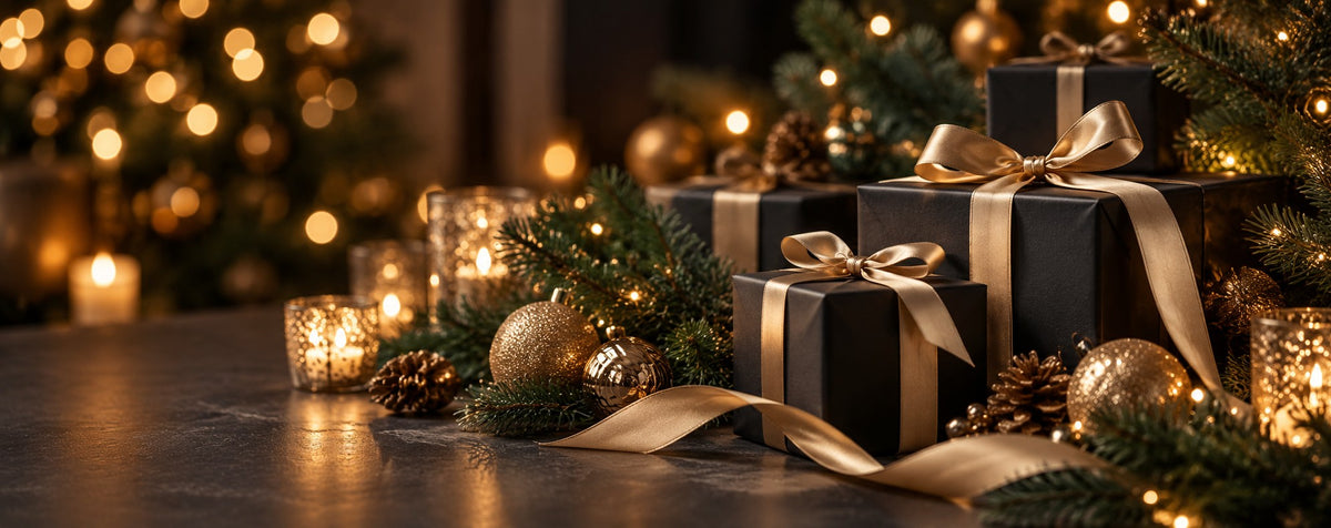 Three black gift boxes wrapped in gold satin ribbons and bows, styled with pine branches, gold ornaments, and warm glowing candles on a dark tabletop.
