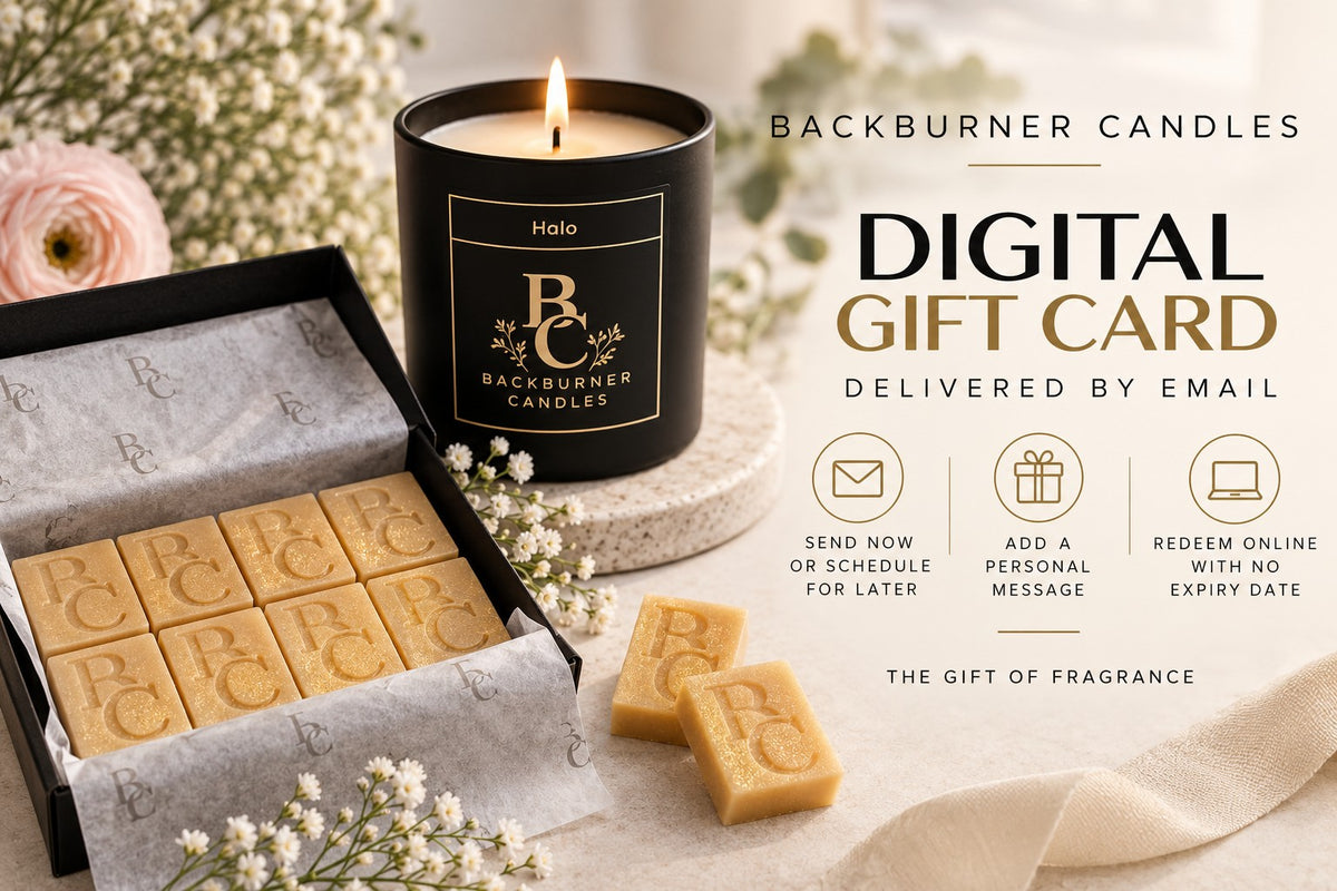 Digital gift card image of Halo candle and wax melts from Backburner Candles