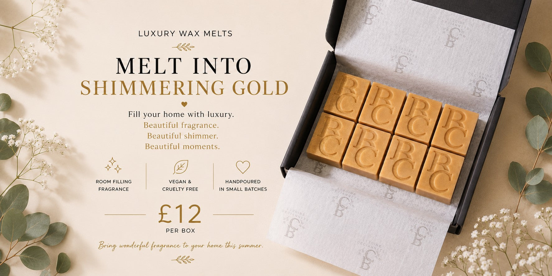 An open black gift box containing three rectangular wax melts labeled 'BC' in warm golden-brown tones, styled on a beige background with decorative flowers and text reading 'Melt Into Shimmering Gold' and 'Luxury Wax Melts'.