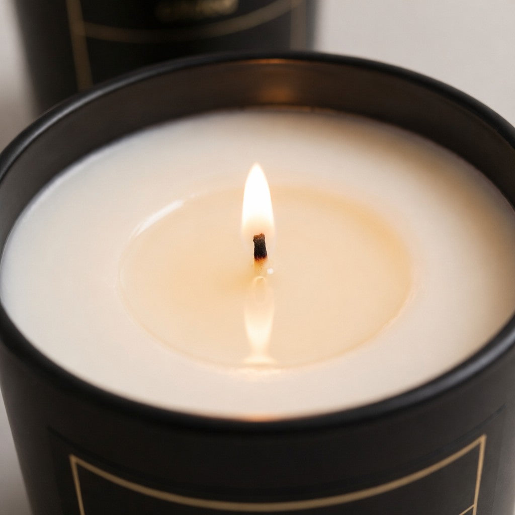 Candle in a black container with a visible flame