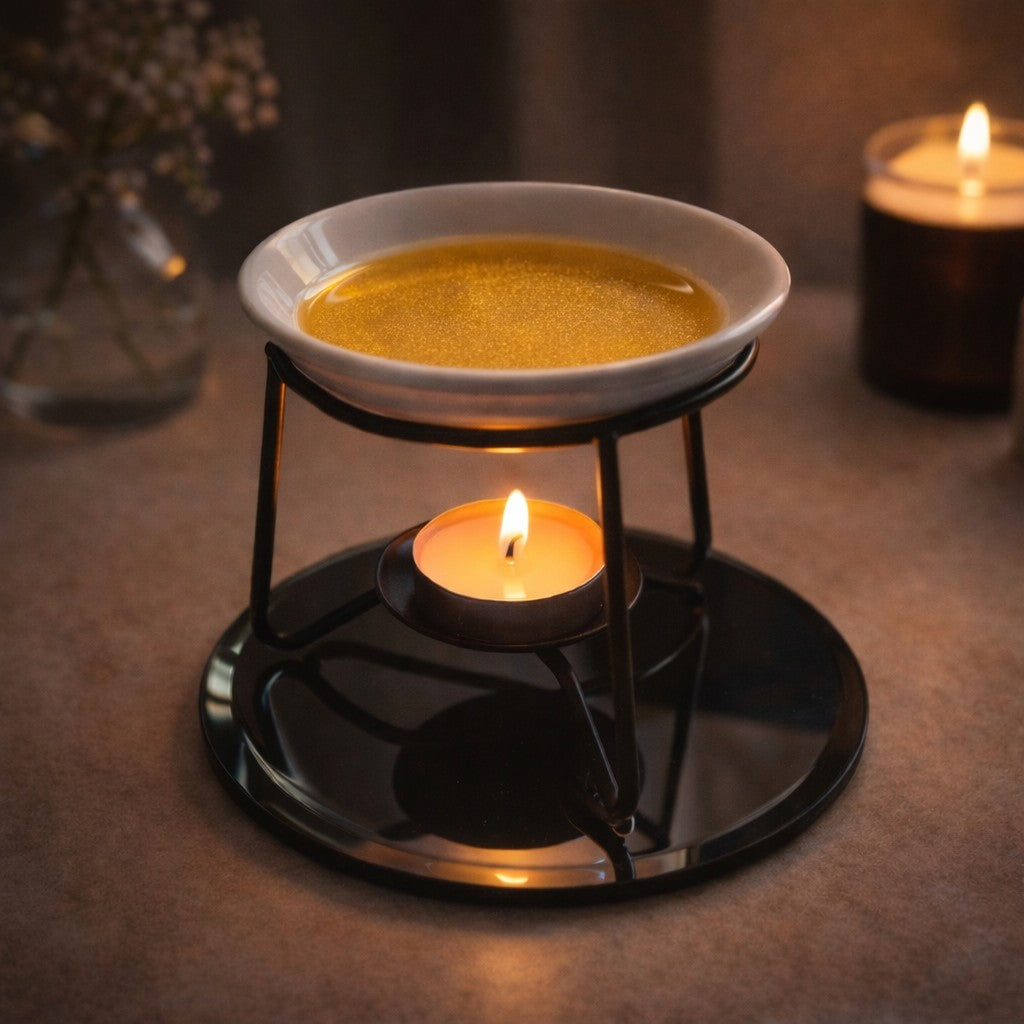 Candle warmer with a lit candle and bowl of wax on a dark surface.