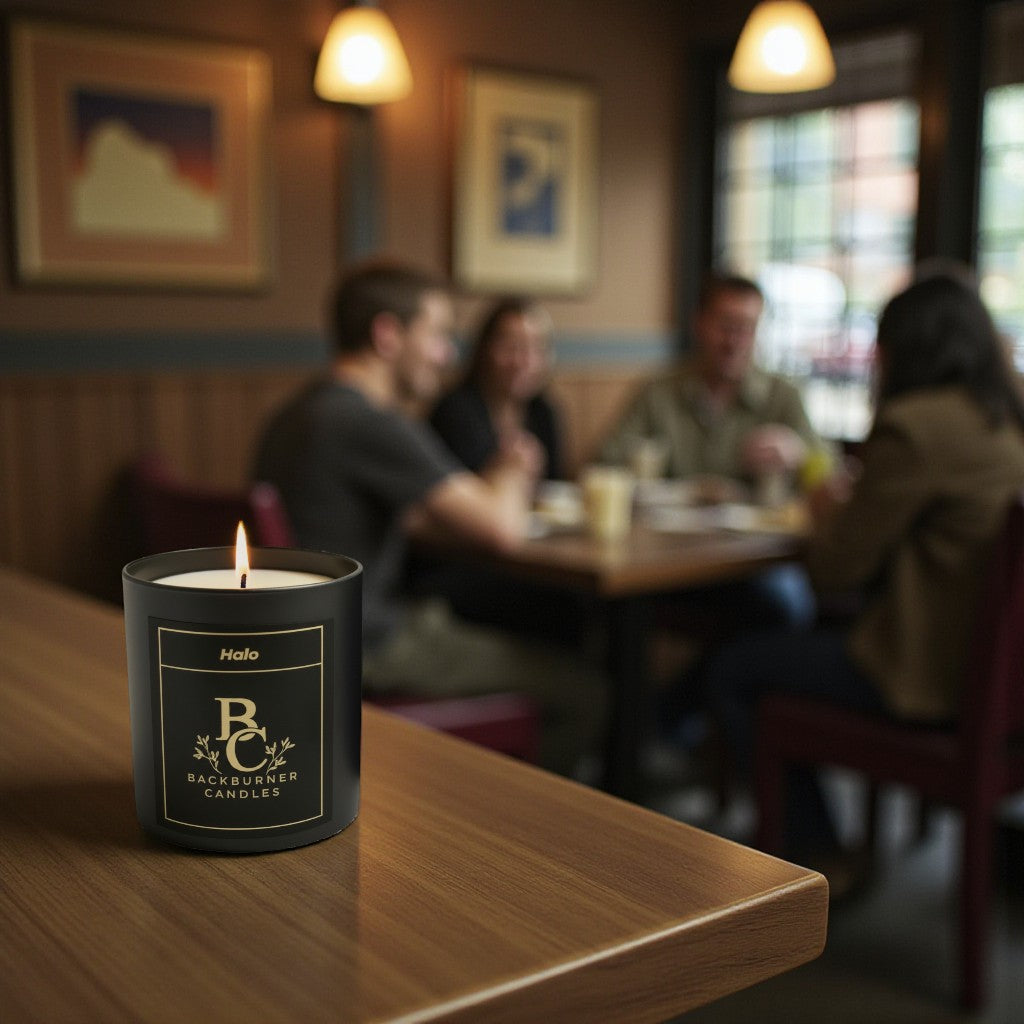 Backburner Candles candle on a table with people in a restaurant setting