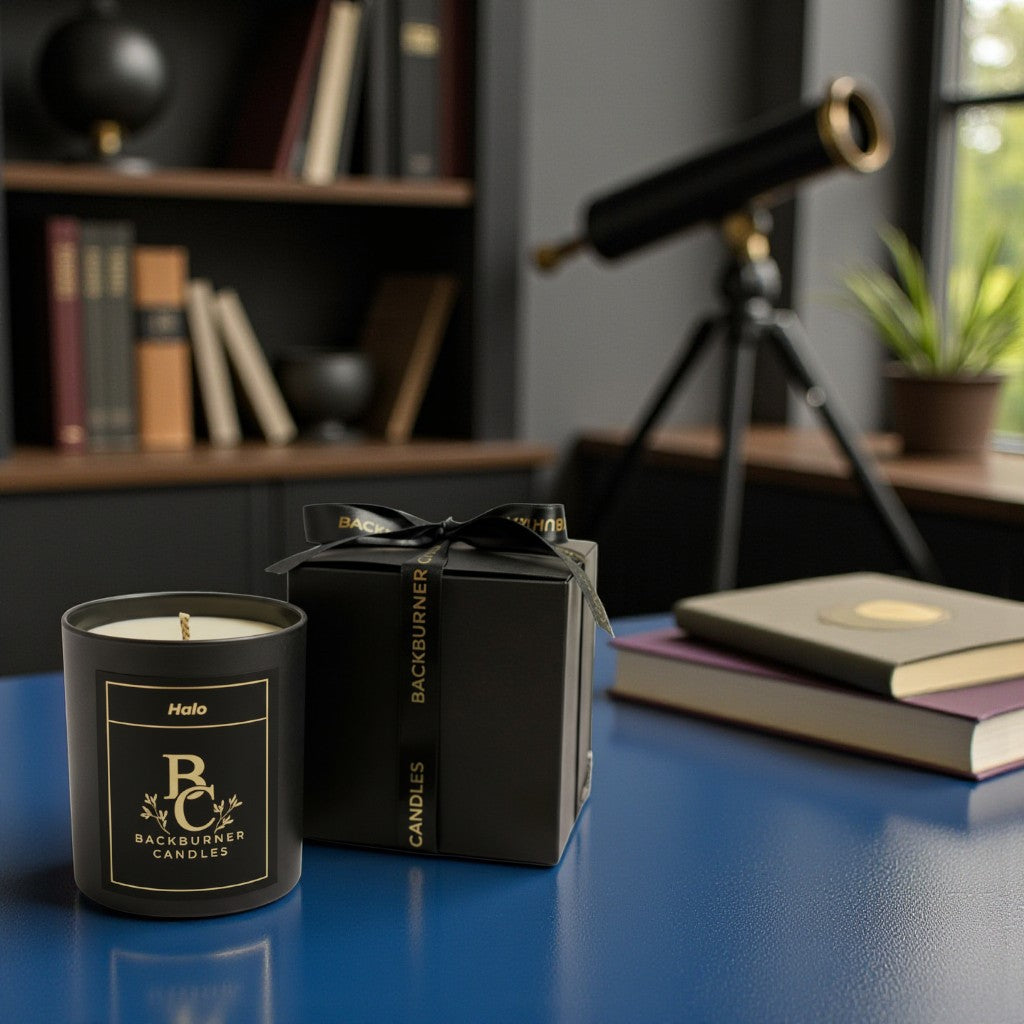Backburner Candles candle and packaging on a blue surface with books and a telescope in the background