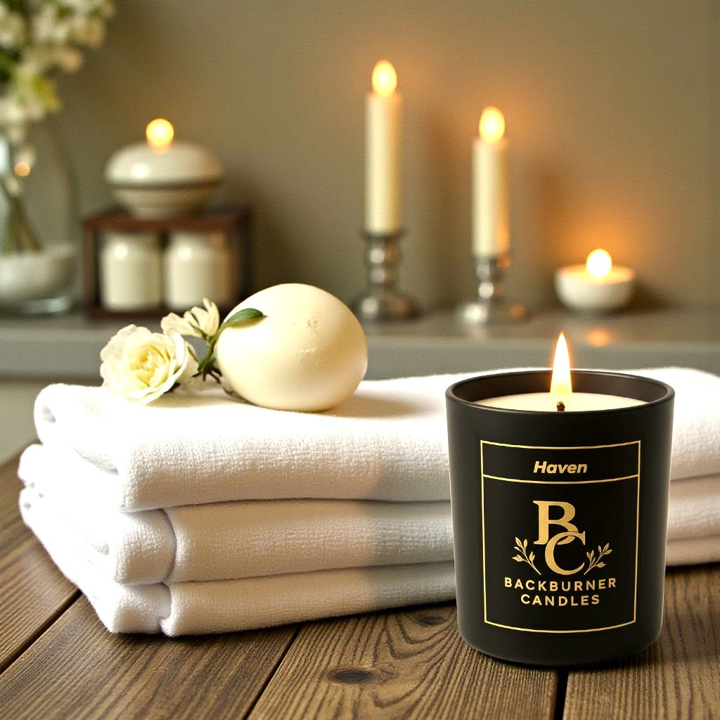 Candle labeled 'Backburner Candles' on a stack of white towels with blurred candles in the background.
