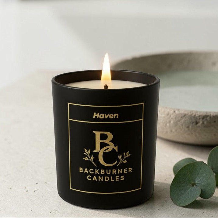 Haven candle from Backburner Candles with bowl in background