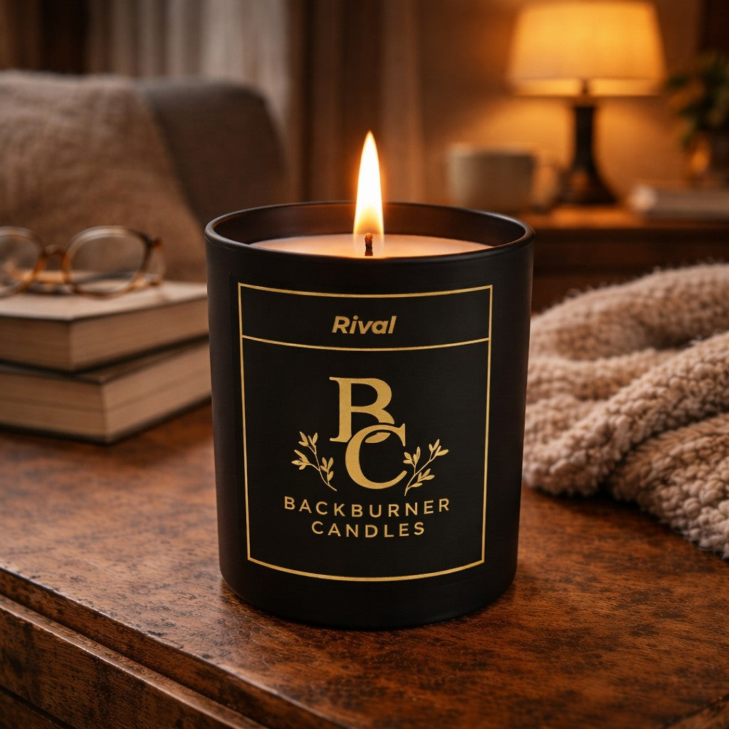 Candle with 'Backburner Candles' label on a wooden surface, blurred background