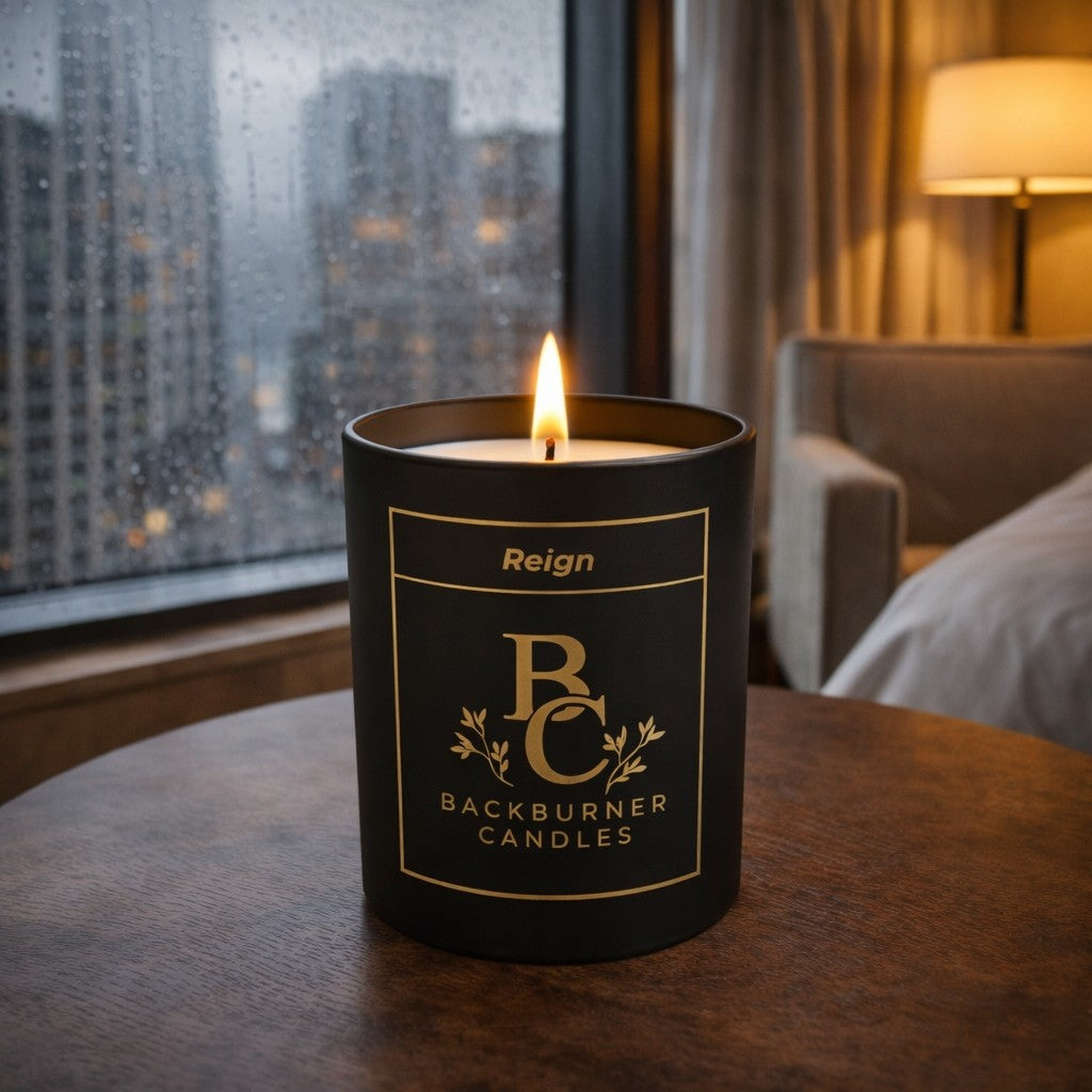 Candle in a black container with 'Backburner Candles' branding on a table by a window.