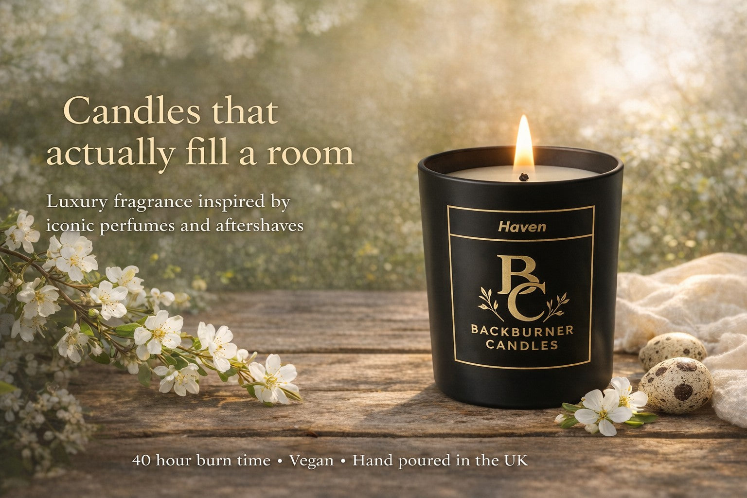 Backburner Candles Haven candle on a wooden surface with flowers and text about fragrance and burn time.