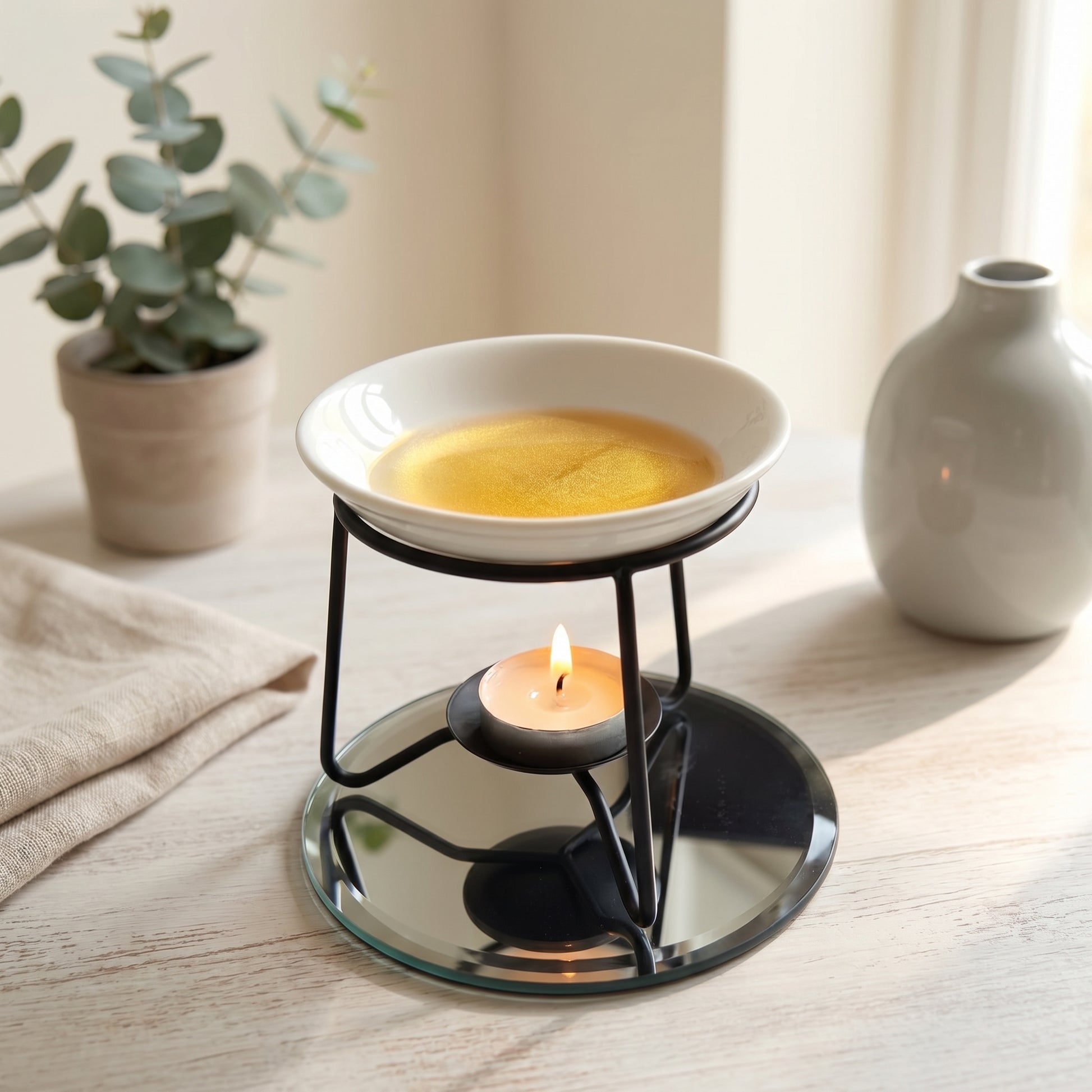 Aromatherapy diffuser with a candle on a wooden surface with a plant and vase in the background. Backburner candles melt