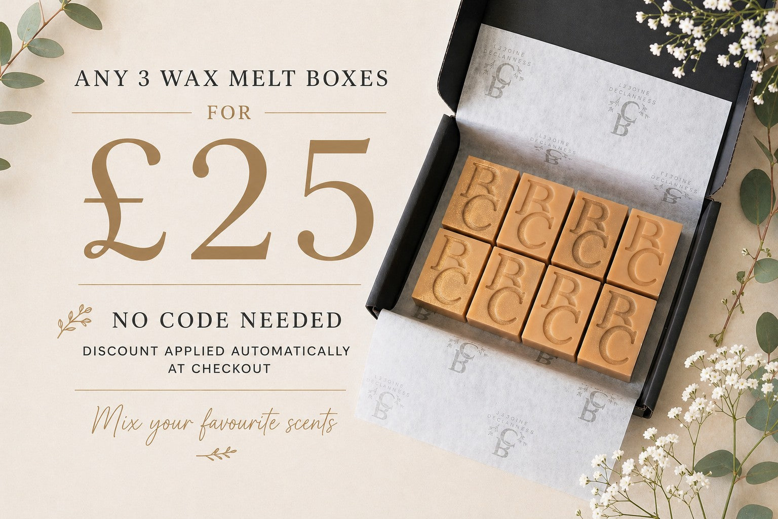 Wax melt boxes with branding, promotional text, and decorative elements on a light background.