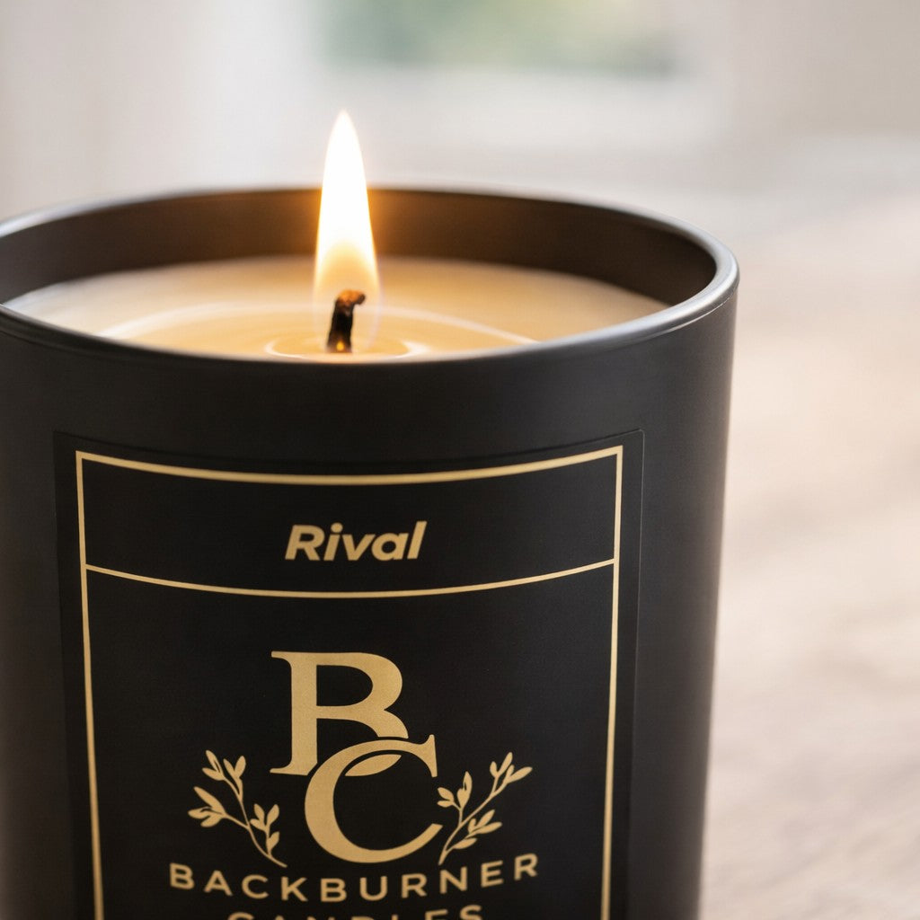 Candle in a black container with 'Rival Backburner Candles' branding.
