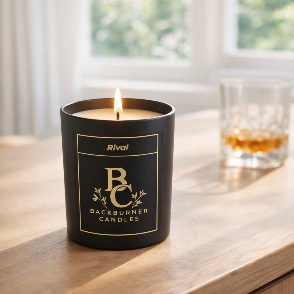 Lit candle in a black container with 'Rival Backburner Candles' branding on a wooden surface.
