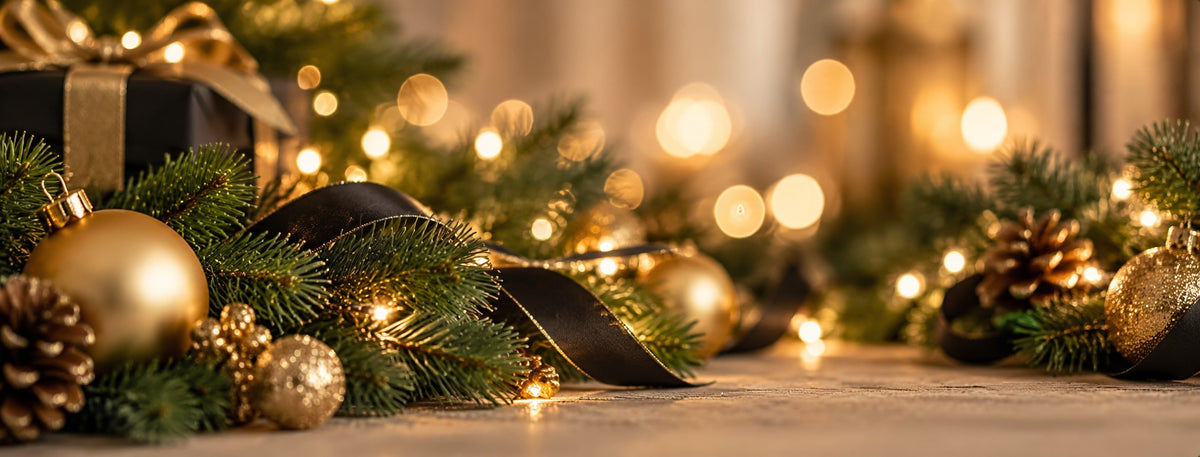 A festive holiday tabletop scene with pine branches, gold ornaments, pinecones, a black gift box with a gold ribbon, and warm glowing string lights in the background.
