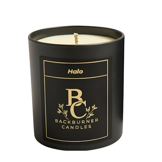 Black candle with 'Backburner Candles' branding on a white background